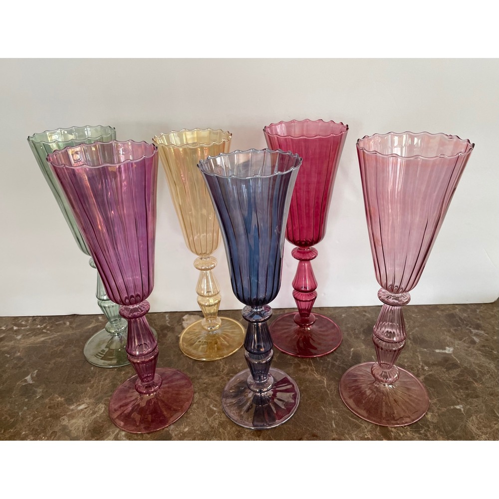 6 Handblown Venetian Murano Glass Iridescent Ribbed Champagne Flutes Multicolor - Picture 15 of 16